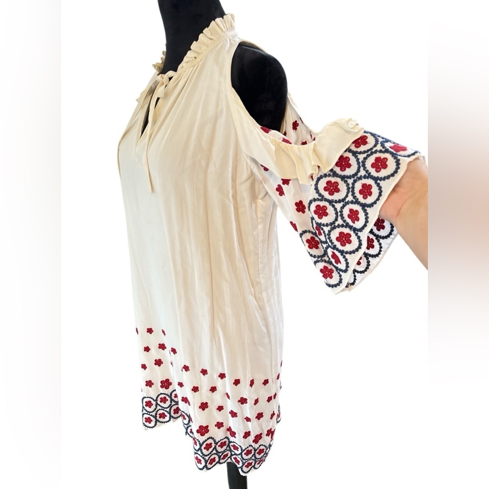 Saks Fifth Avenue Cream Embroidered Cold Shoulder Dress Boho Peasant Tunic Sz M - Picture 2 of 11